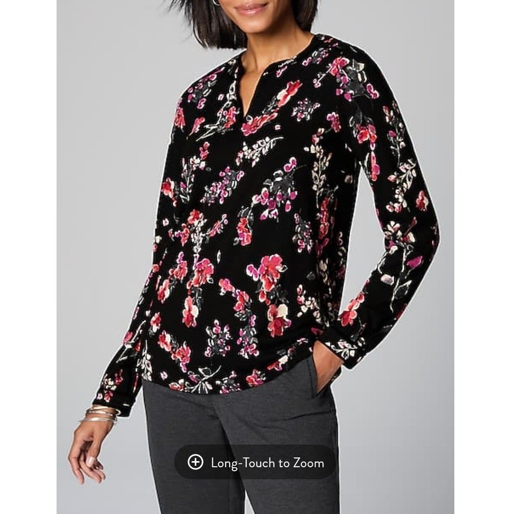 J. Jill Black Floral Velvet Trim Split Neck Blouse Long Sleeve 306891 Sz XL New
